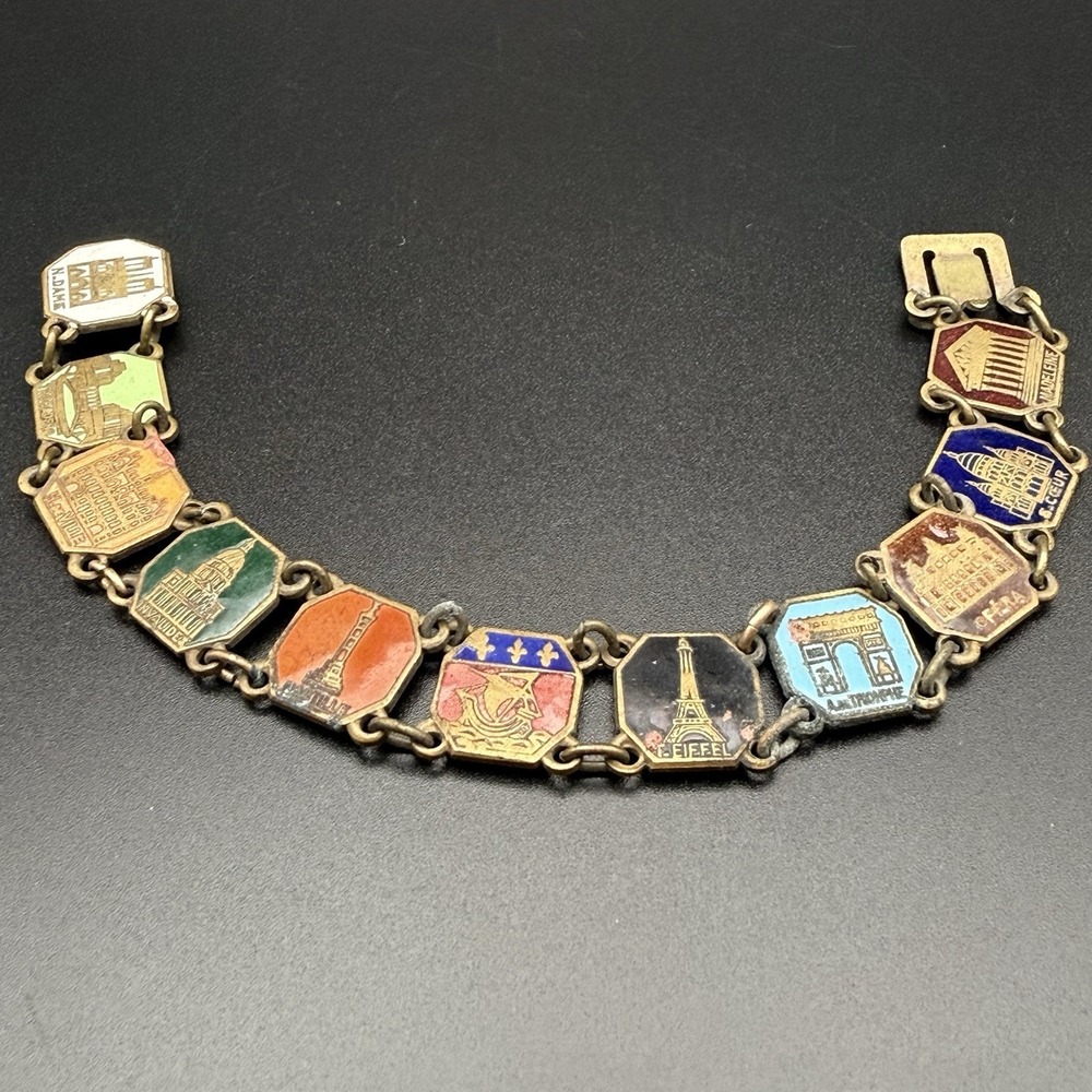 Vintage Paris France Souvenir Enamel Link Bracelet Eiffel Tower Arc de Triomphe
